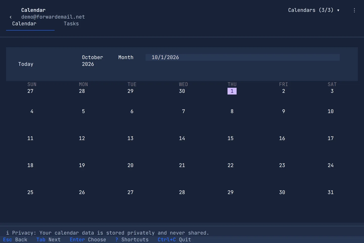 The month view of the calendar in the Forward Email terminal app