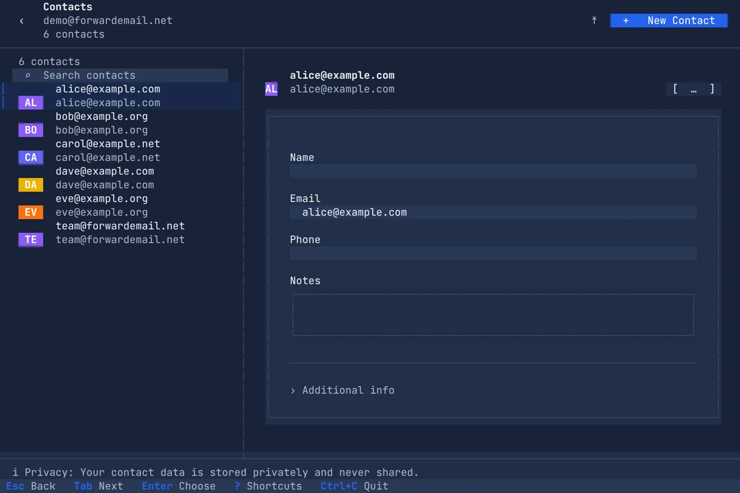 The contacts list in the Forward Email terminal app