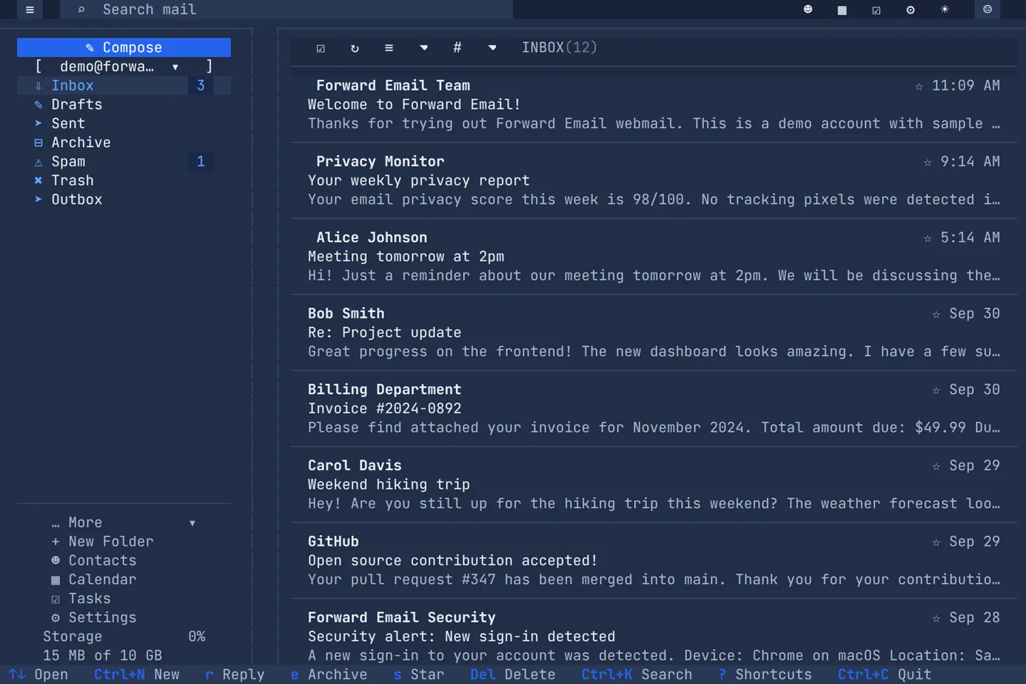 Forward Email in a terminal: folders on the left, the inbox message list on the right and key hints on the bottom row