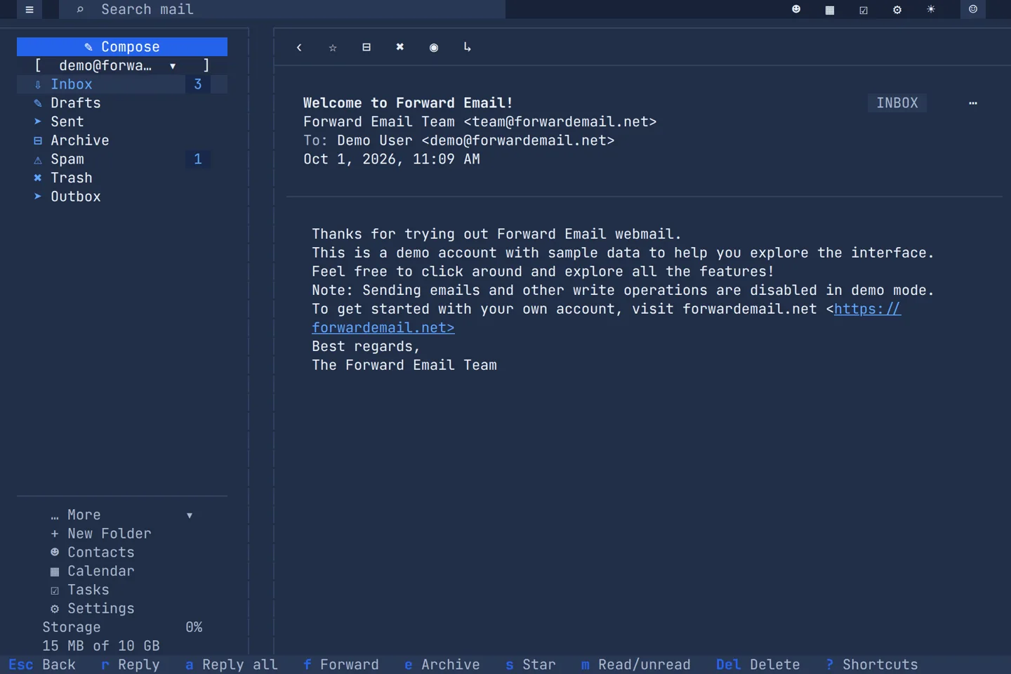 An open message in the Forward Email terminal app, with reply, archive and delete keys shown on the bottom row