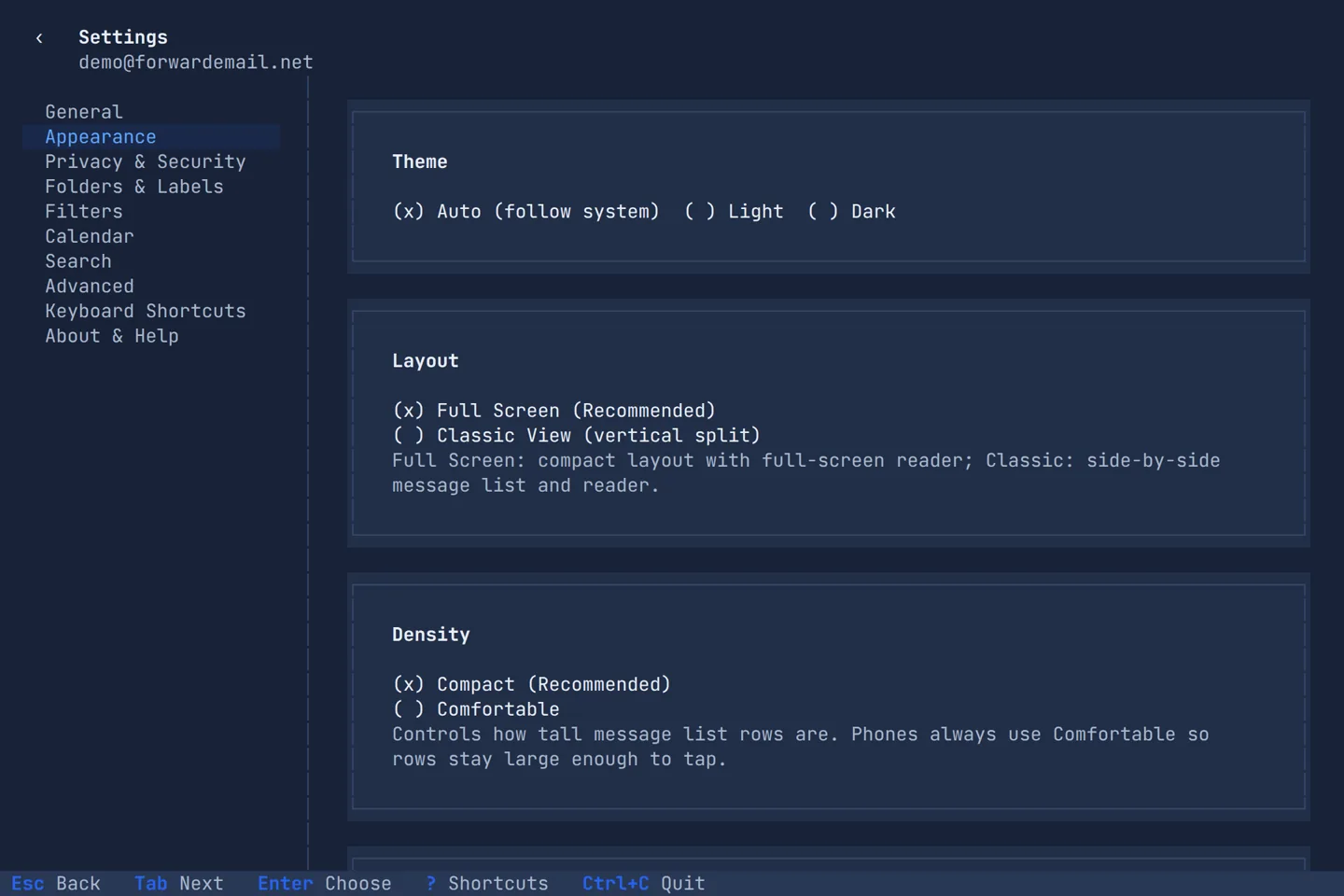 Appearance settings in the terminal app, with theme, layout and density options