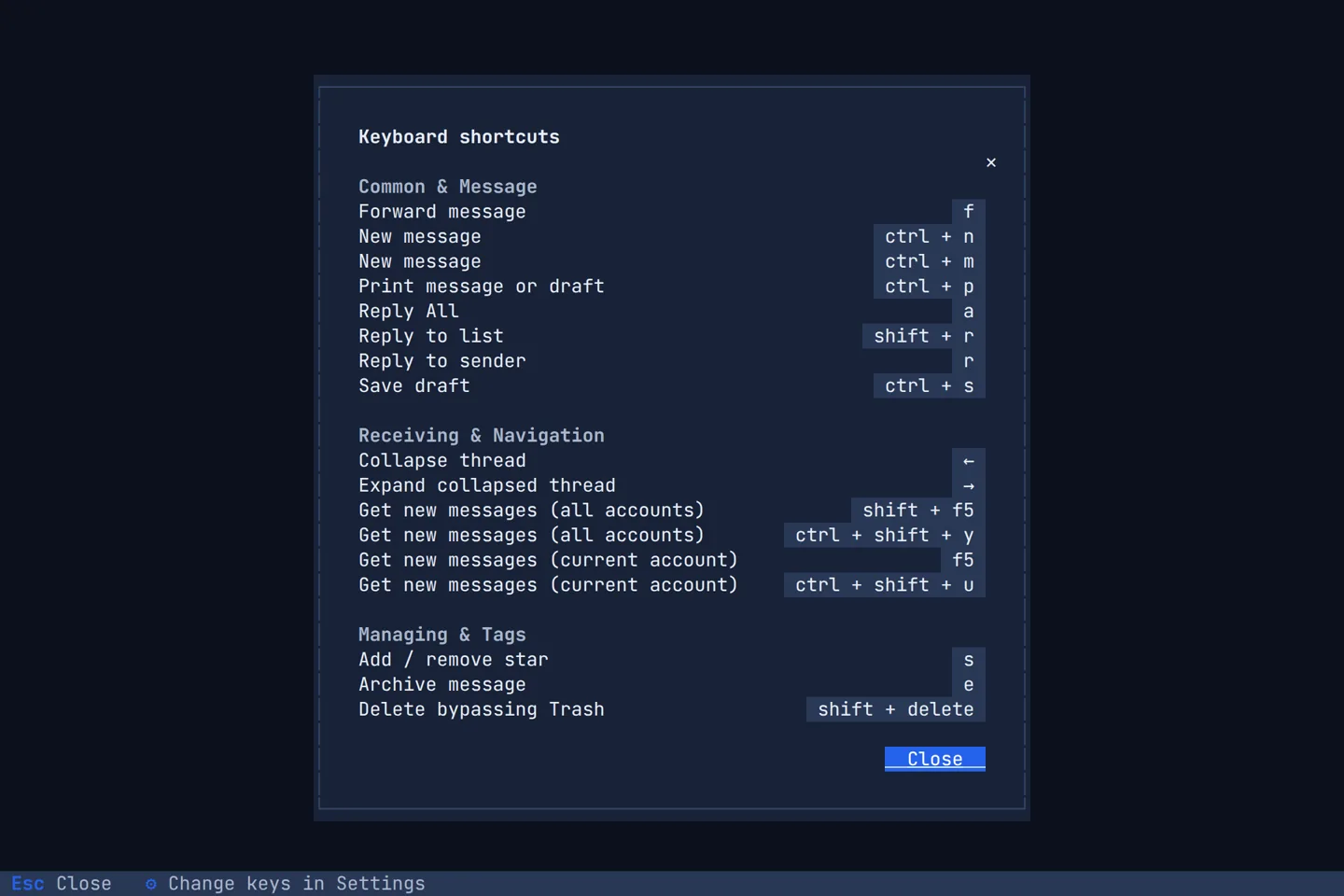 The keyboard shortcuts list, opened with the question mark key
