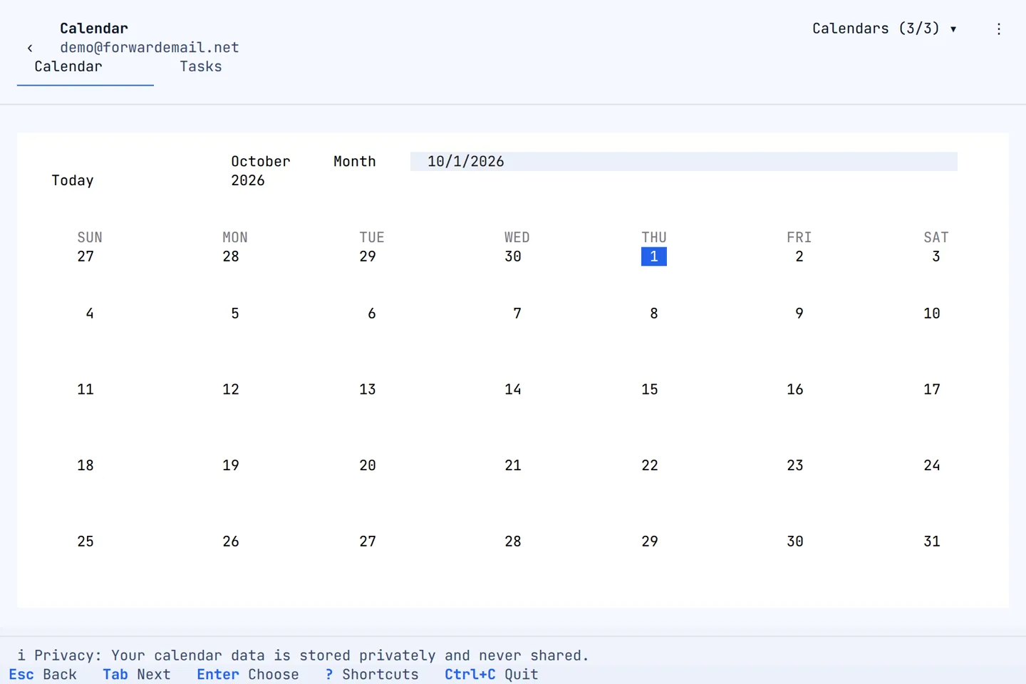 The month view of the calendar in the Forward Email terminal app