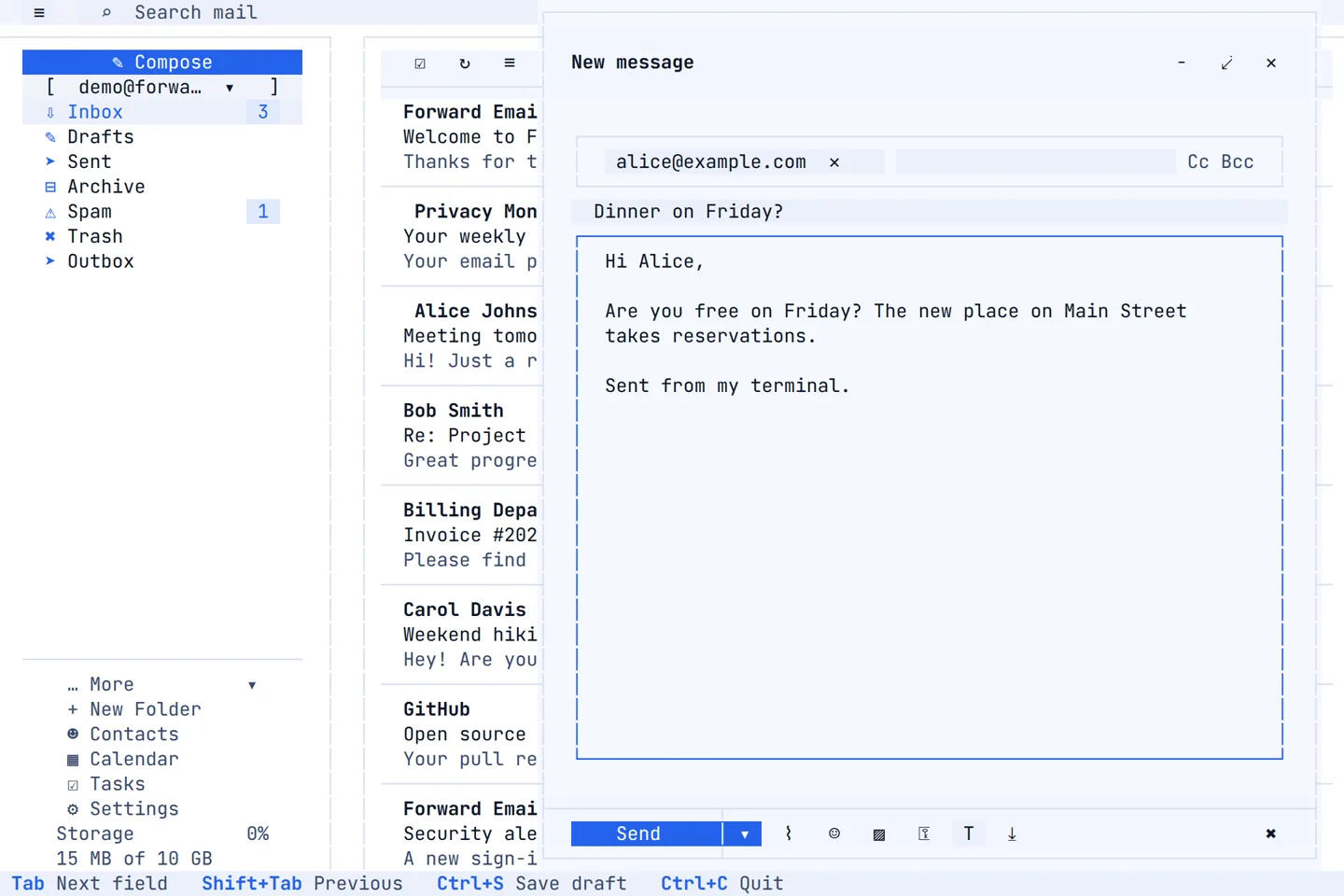 Writing a new message in the terminal, with the recipient, subject and a plain-text body
