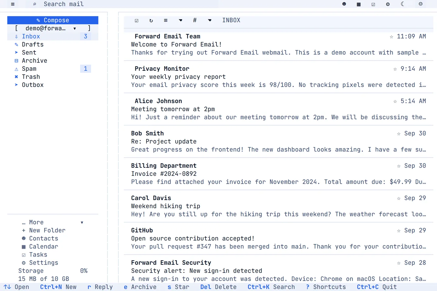 Forward Email in a terminal: folders on the left, the inbox message list on the right and key hints on the bottom row